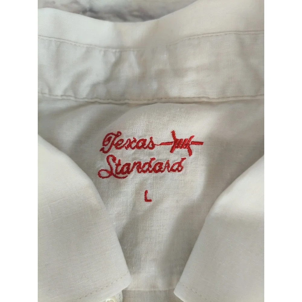 Texas Standard Tejas Guayabera Shirt SZ Large White Short Sleeve Linen Blend